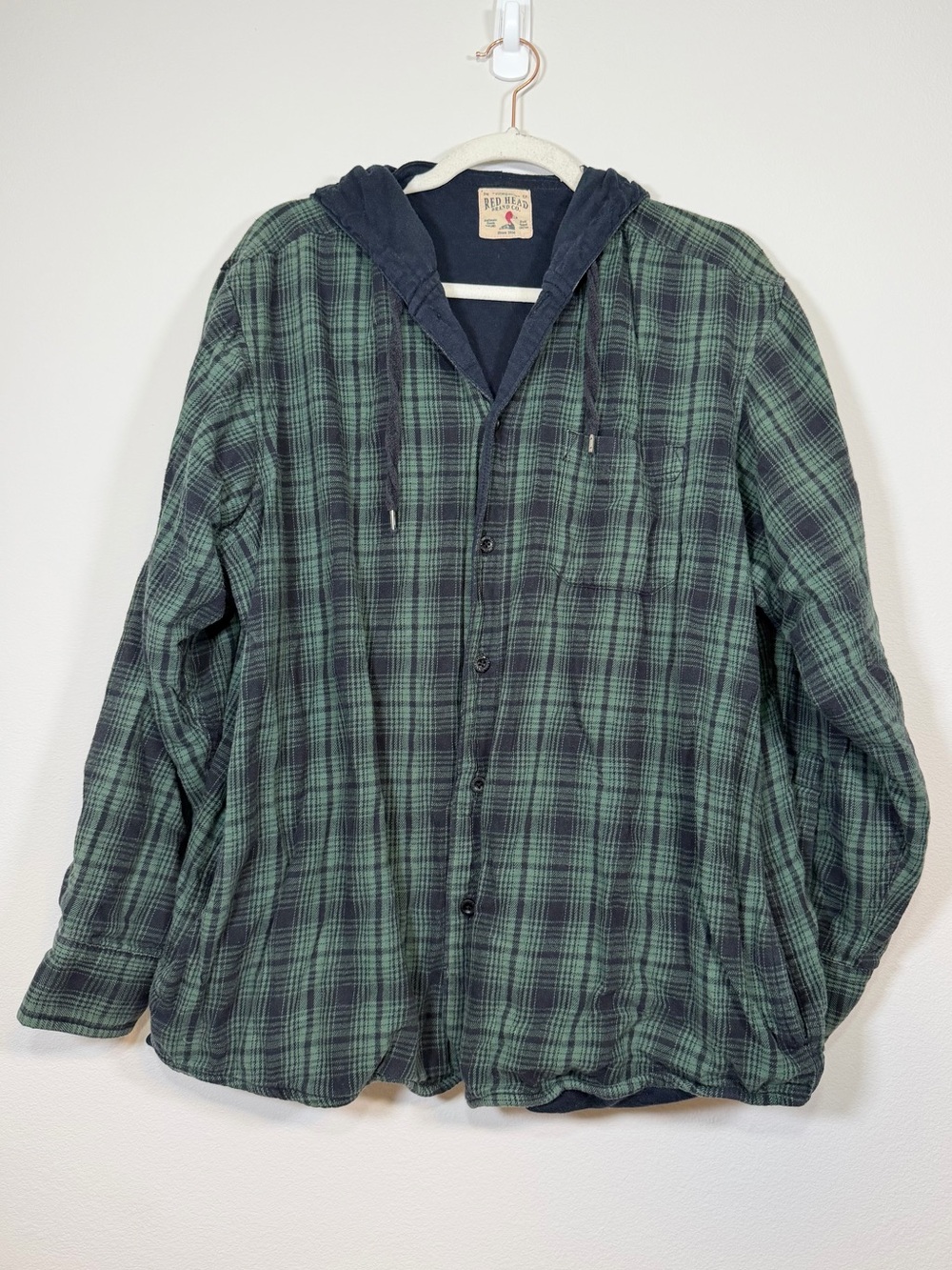 RedHead Flannel Shirt Jacket Green Black Plaid Button-Down Hooded Pocket Men XL